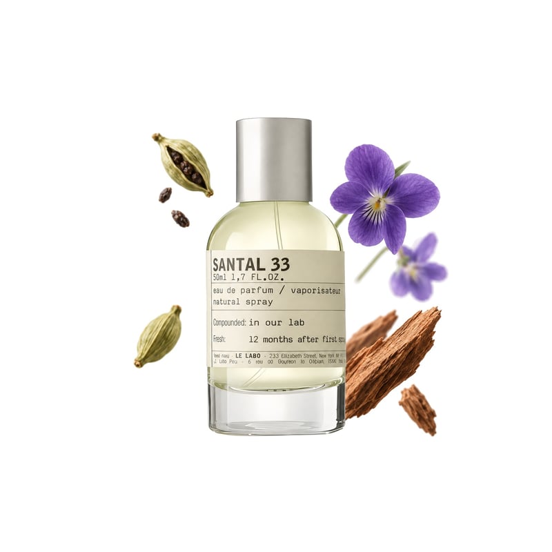 Santal 33 by Le Labo, bottle pictured with its key notes: Cardamom, Violet and Virginia Cedar