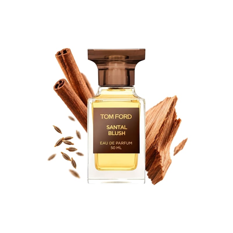 Santal Blush by Tom Ford, bottle pictured with its key notes: Cinnamon, Cumin and Sandalwood