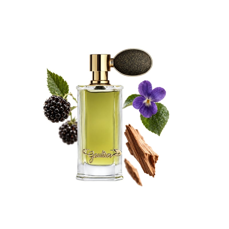 Santal Paname by Jean Paul Gaultier, bottle pictured with its key notes: Blackberry, Violet Leaf and Sandalwood