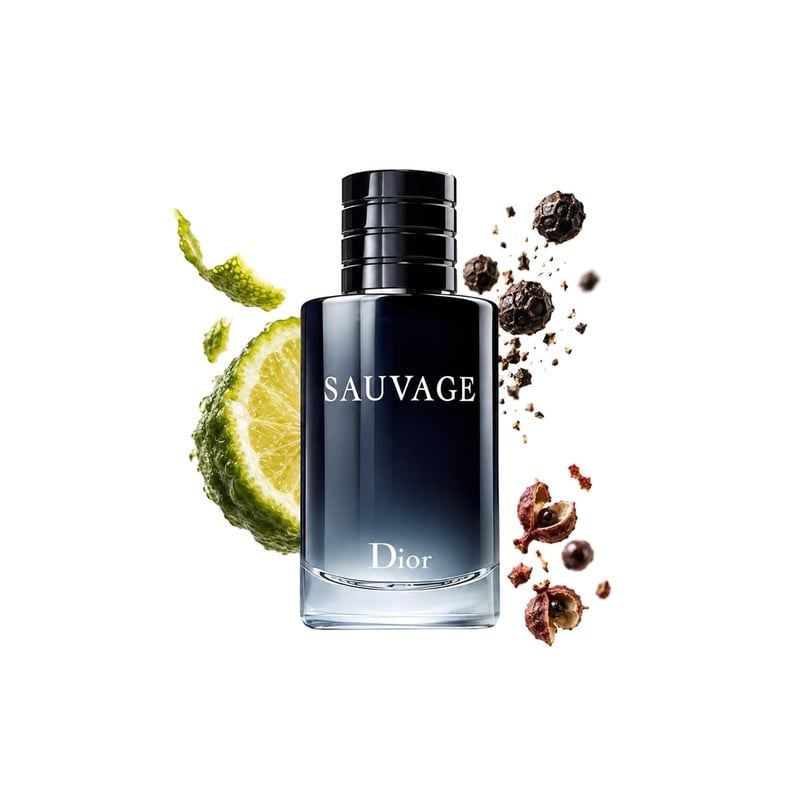 Sauvage by Dior, bottle pictured with its key notes: Pepper, Calabrian Bergamot and Sichuan Pepper