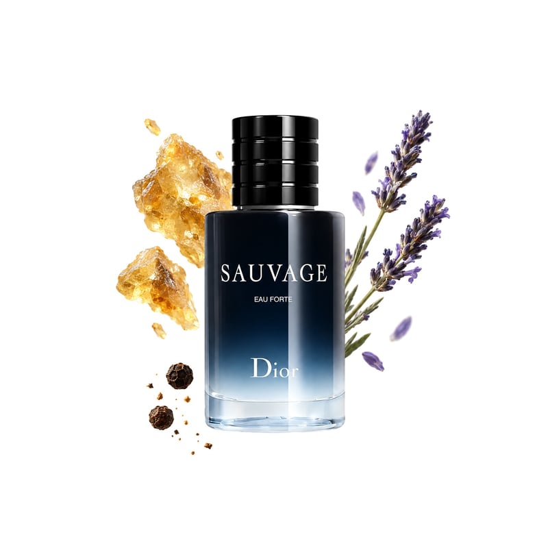 Sauvage Eau Forte by Dior, bottle pictured with its key notes: Elemi Resin, Spices and Lavender
