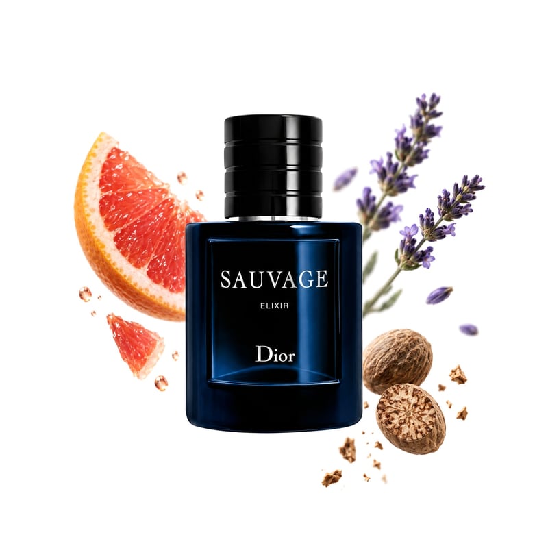 Sauvage Elixir by Dior, bottle pictured with its key notes: Grapefruit, Nutmeg and Lavender