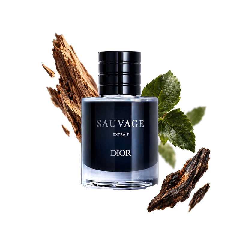 Sauvage Extrait by Dior, bottle pictured with its key notes: Cedarwood, Patchouli and Oud
