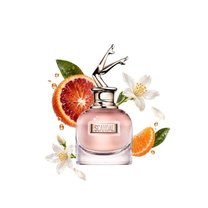 Scandal by Jean Paul Gaultier, bottle pictured with its key notes: Blood Orange, Mandarin Orange and Jasmine