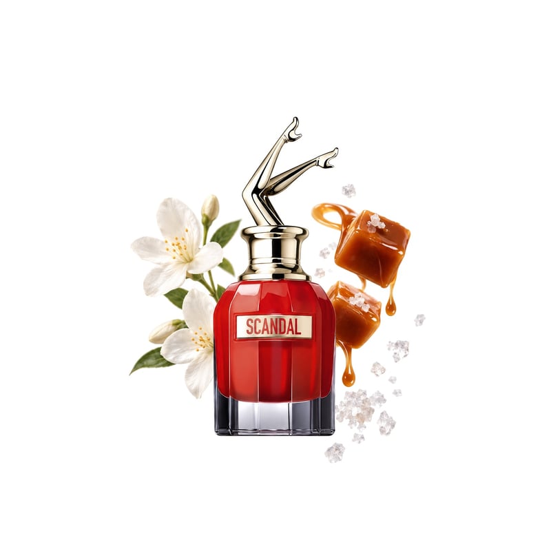 Scandal Le Parfum by Jean Paul Gaultier, bottle pictured with its key notes: Jasmine, Caramel and Salt