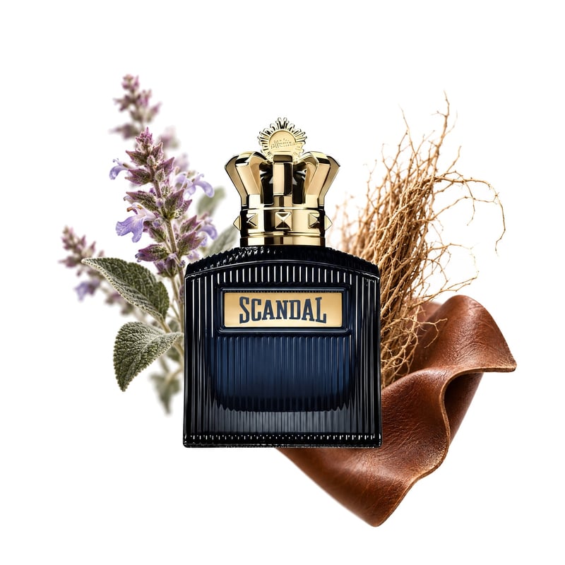 Scandal Pour Homme Intense by Jean Paul Gaultier, bottle pictured with its key notes: Clary Sage, Vetiver and Leather