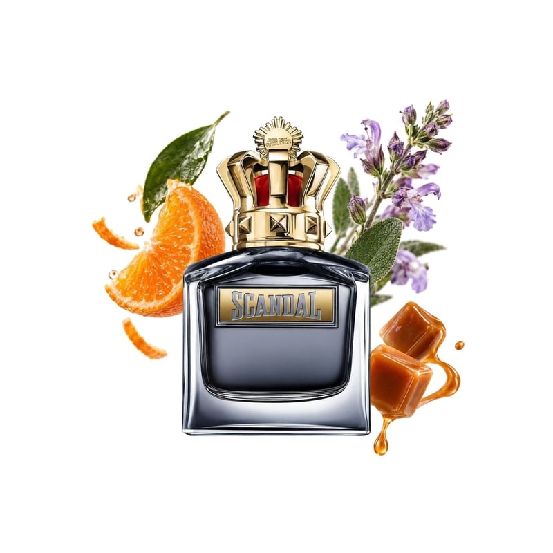 Scandal Pour Homme by Jean Paul Gaultier, bottle pictured with its key notes: Mandarin Orange, Clary Sage and Caramel