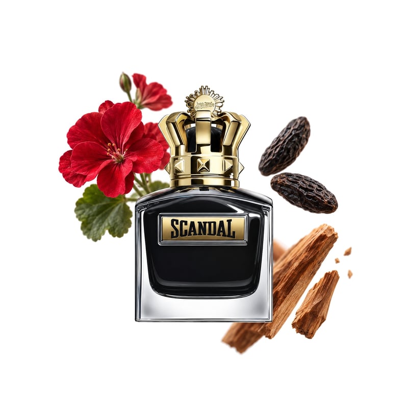 Scandal Pour Homme Le Parfum by Jean Paul Gaultier, bottle pictured with its key notes: Geranium, Tonka Bean and Sandalwood