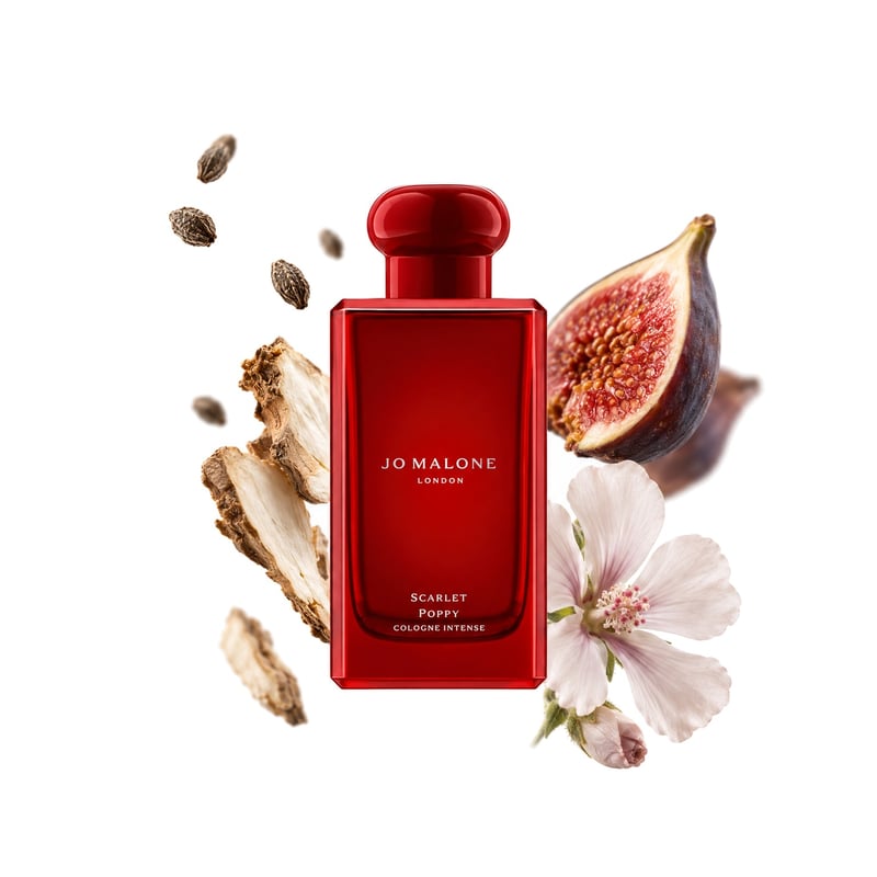 Scarlet Poppy Intense by Jo Malone London, bottle pictured with its key notes: Ambrette (musk Mallow), Orris and Fig