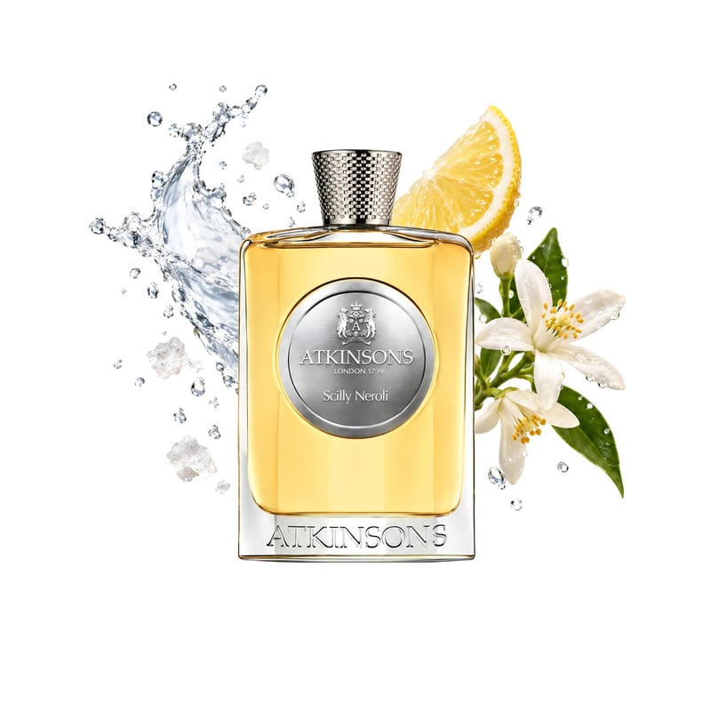 Scilly Neroli by Atkinsons, bottle pictured with its key notes: Sea Notes, Lemon and Neroli Essence