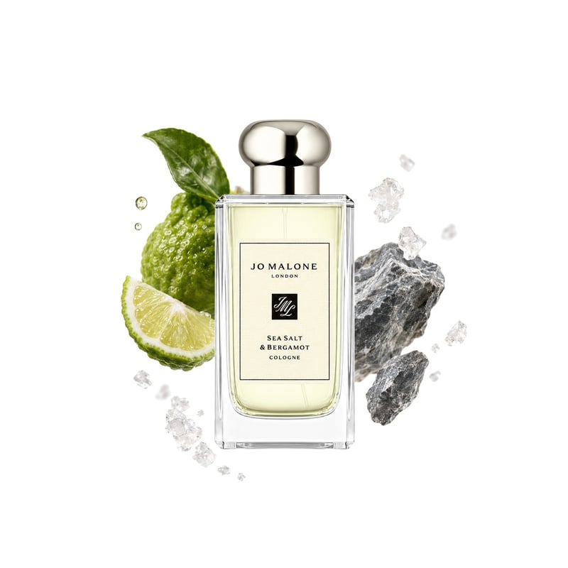 Sea Salt & Bergamot by Jo Malone London, bottle pictured with its key notes: Bergamot, Mineral Notes and Sea Salt