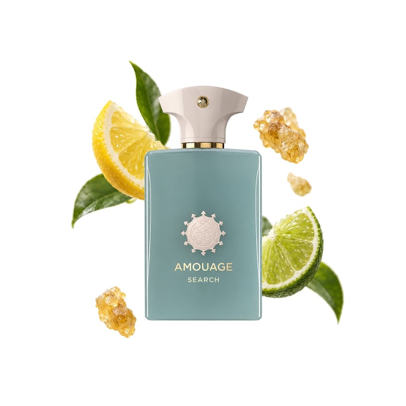 Search by Amouage, bottle pictured with its key notes: Lemon, Lime and Olibanum