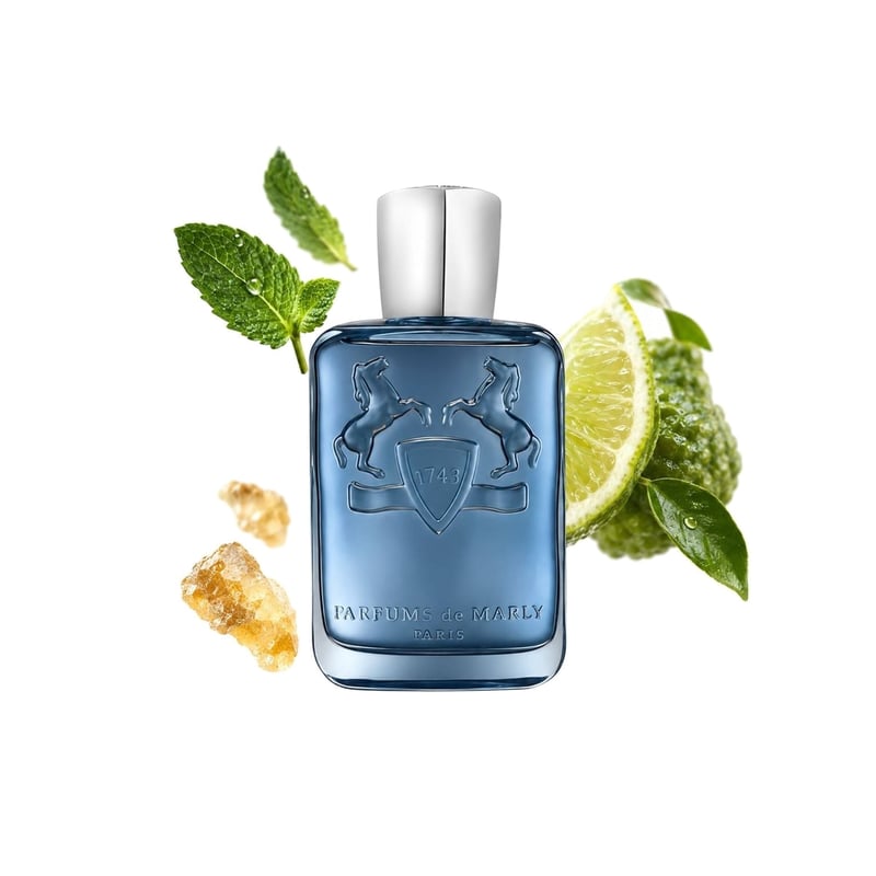 Sedley by Parfums de Marly, bottle pictured with its key notes: Mint, Bergamot and Olibanum