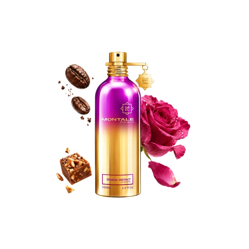 Sensual Instinct by Montale, bottle pictured with its key notes: Roasted Coffee Beans, Praline and Rose