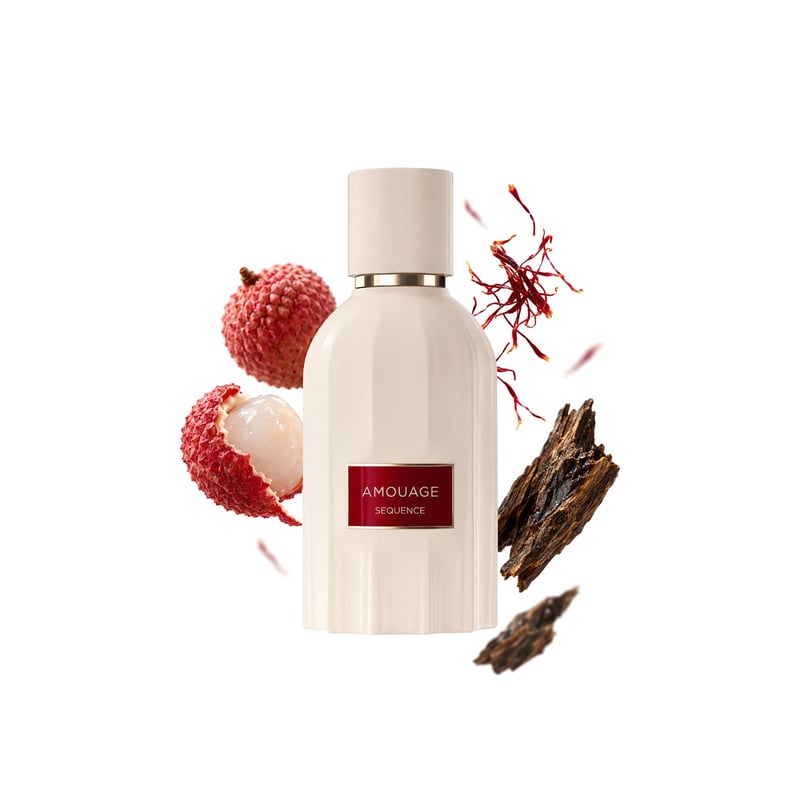 Sequence by Amouage, bottle pictured with its key notes: Lychee, Saffron and Oud