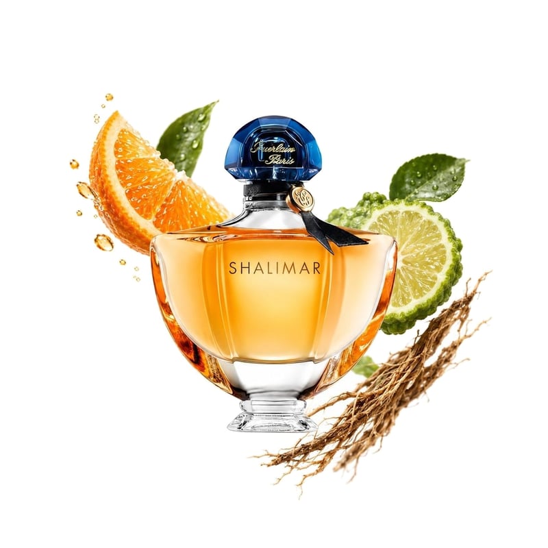 Shalimar Eau de Parfum του οίκου Guerlain, φιάλη με τις κύριες νότες της: Εσπεριδοειδή, Περγαμόντο και Βετιβέρ