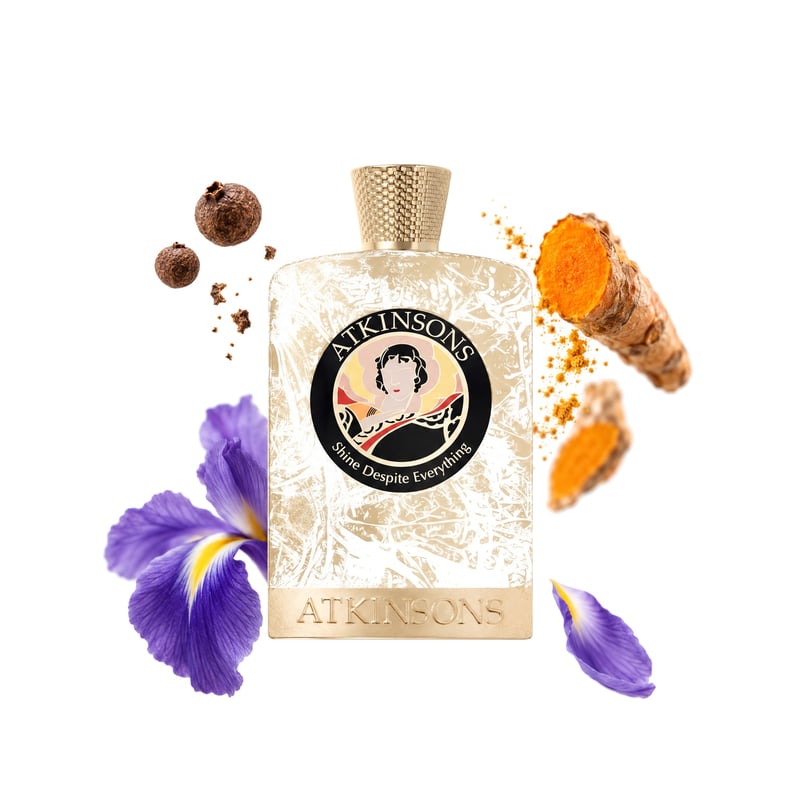 Shine Despite Everything by Atkinsons, bottle pictured with its key notes: Pimento, Turmeric and Iris