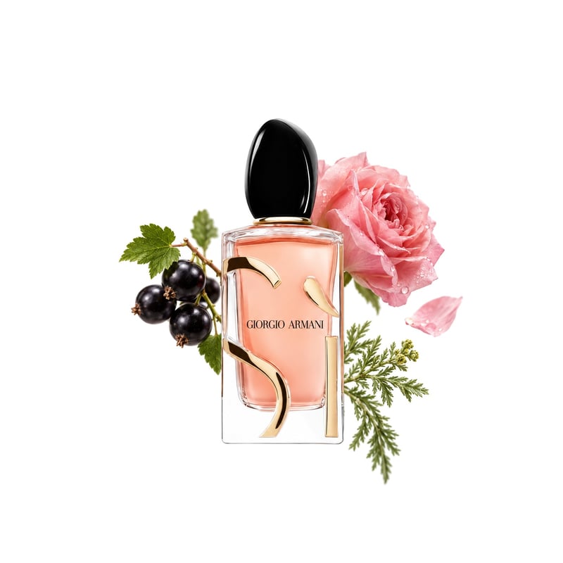 Si Eau de Parfum Intense marki Giorgio Armani, flakon i jego kluczowe nuty: Czarna porzeczka, Róża majowa i Davana