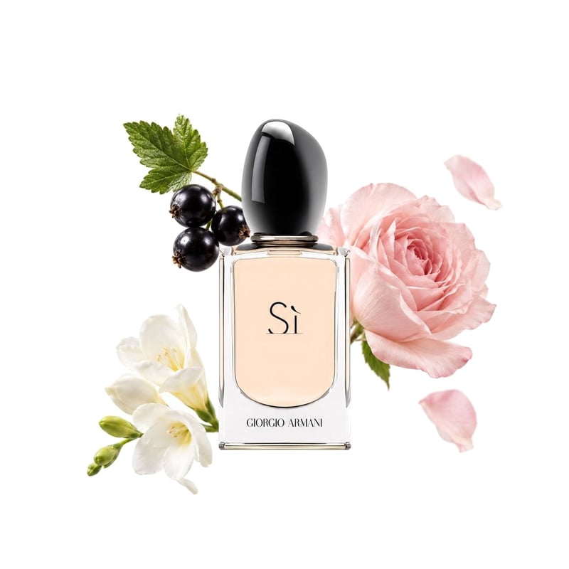 Si by Giorgio Armani, bottle pictured with its key notes: Cassis, May Rose and Freesia