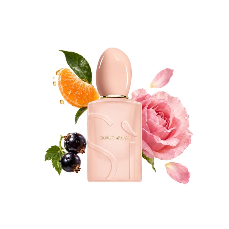 Si Nude Bloom by Giorgio Armani, bottle pictured with its key notes: Mandarin Orange, Blackcurrant and May Rose