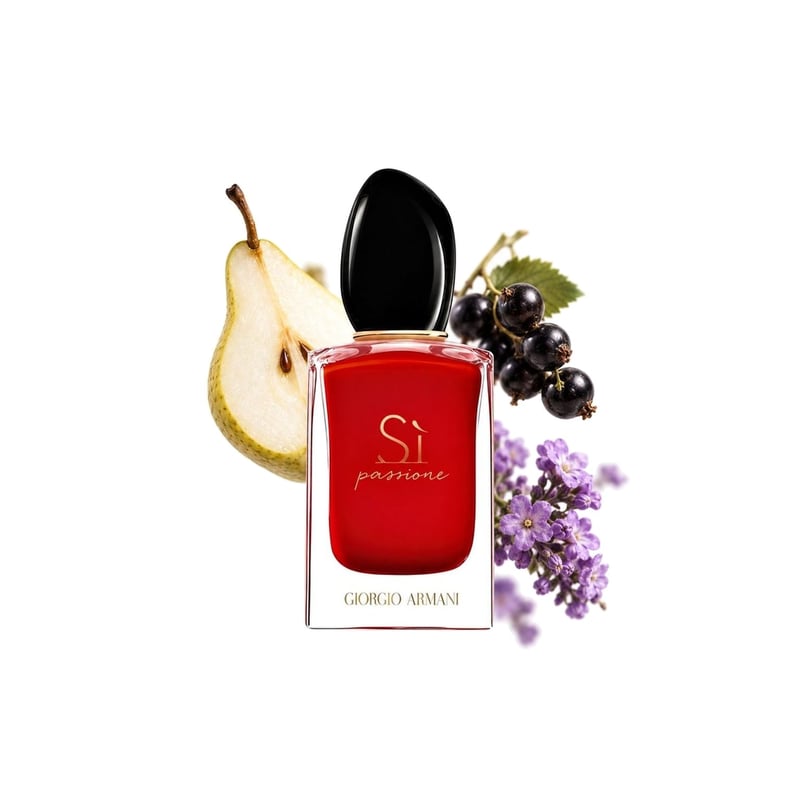 Sì Passione by Giorgio Armani, bottle pictured with its key notes: Pear, Black Currant and Heliotrope