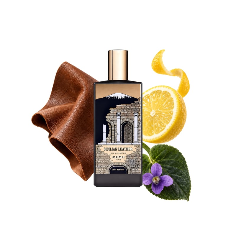 Sicilian Leather de Memo Paris, frasco con sus notas principales: Cuero, Limón y Hoja de violeta