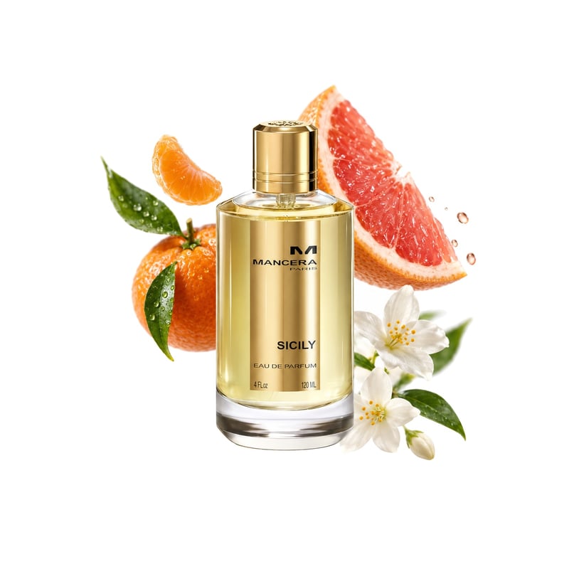 Sicily by Mancera, bottle pictured with its key notes: Mandarin Orange, Grapefruit and Jasmine