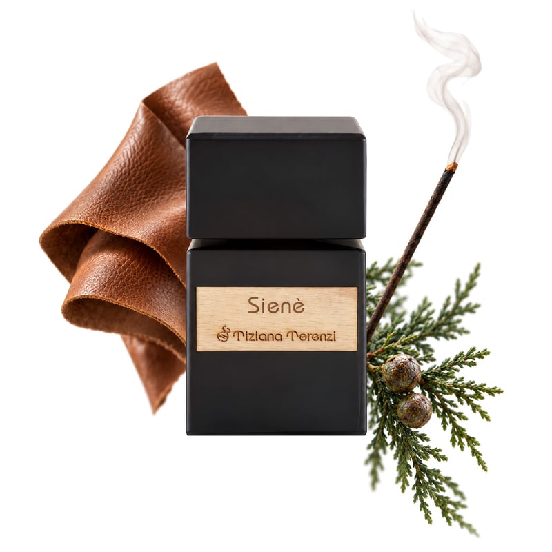 Siene by Tiziana Terenzi, bottle pictured with its key notes: Leather, Cypress and Incense