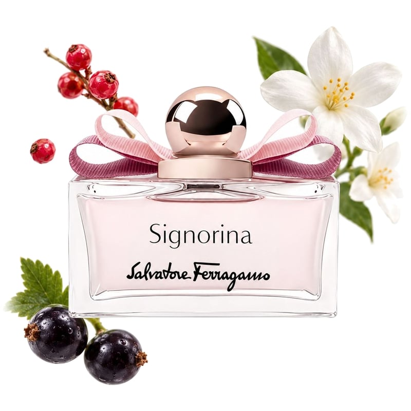 Signorina by Salvatore Ferragamo, bottle pictured with its key notes: Pink Pepper, Black Currant and Jasmine