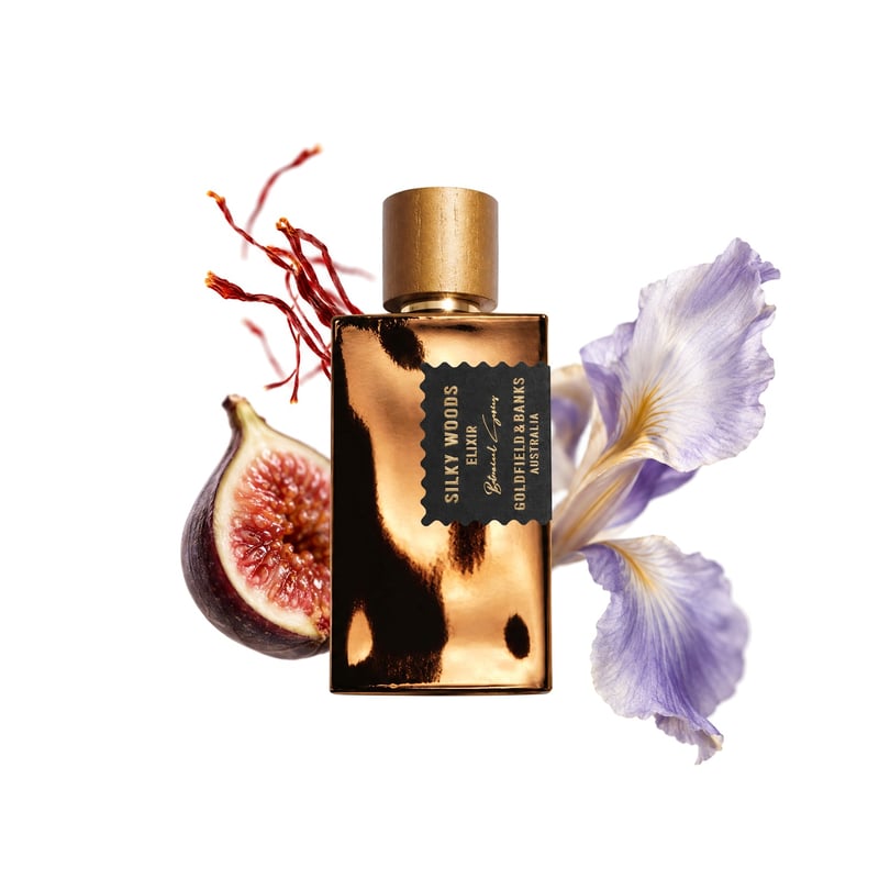 Silky Woods Elixir by Goldfield & Banks, bottle pictured with its key notes: Saffron, Fig and Orris