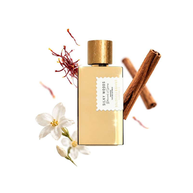 Silky Woods by Goldfield & Banks, bottle pictured with its key notes: Saffron, Cinnamon and Jasmine