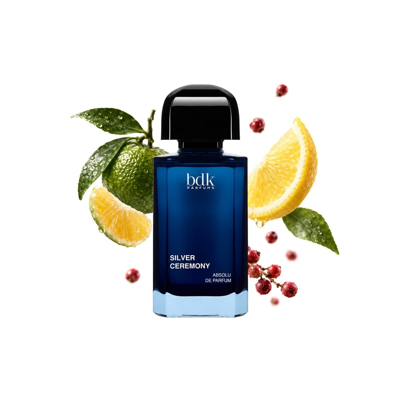 Silver Ceremony de BDK Parfums, flacon entouré de ses notes clés : Mandarine verte, Citron d’Italie et Baies roses