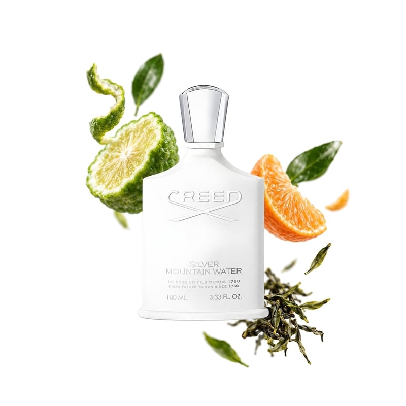 Silver Mountain Water by Creed, bottle pictured with its key notes: Bergamot, Mandarin Orange and Green Tea