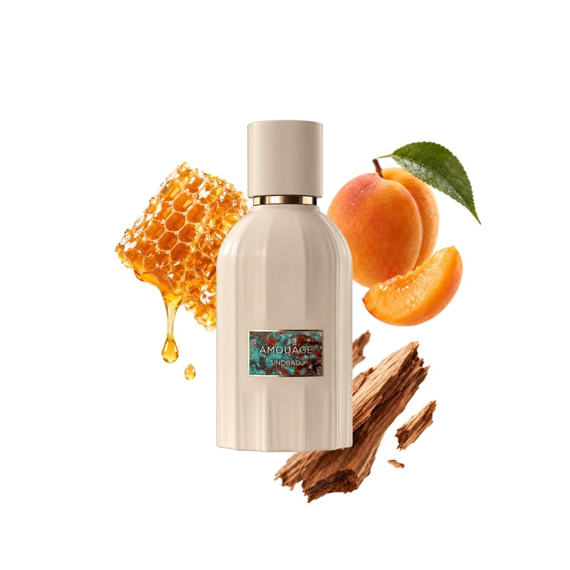 Sindbad by Amouage, bottle pictured with its key notes: Honey, Apricot and Cedarwood