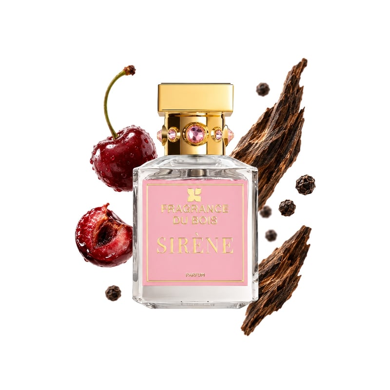 Sirène by Fragrance Du Bois, bottle pictured with its key notes: Cherry, Pepper and Oud