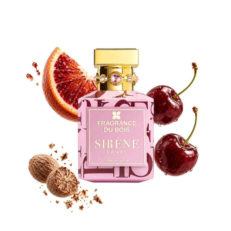 Sirene Privee by Fragrance Du Bois, bottle pictured with its key notes: Nutmeg, Blood Orange and Cherry