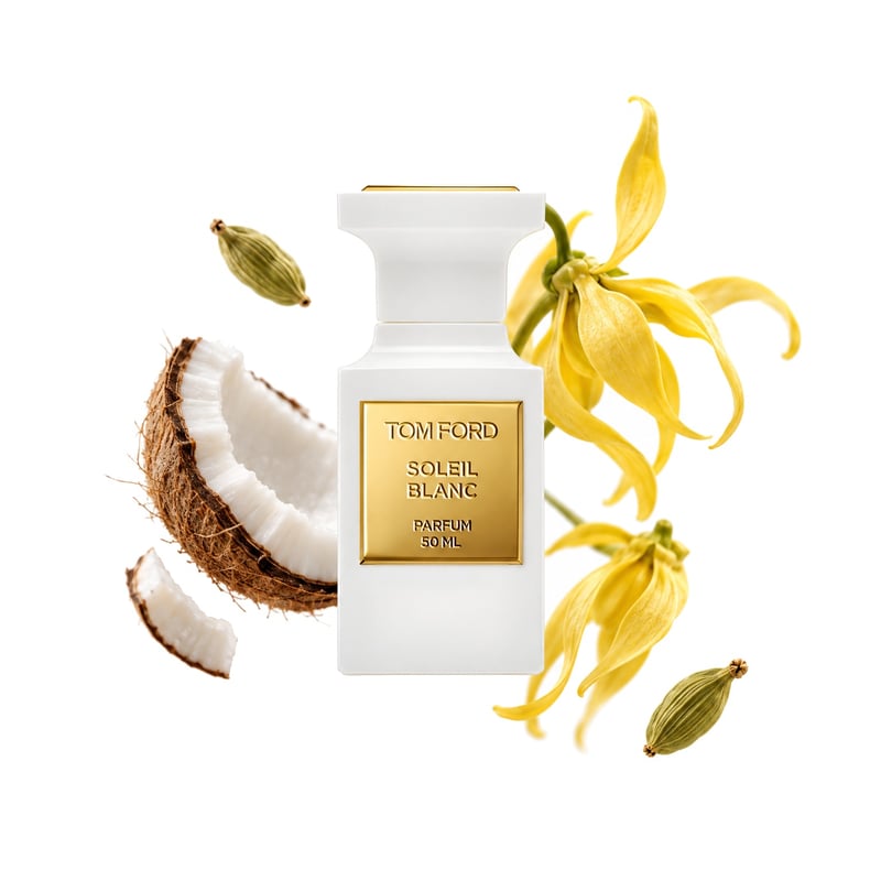 Soleil Blanc Parfum de Tom Ford, frasco con sus notas principales: Coco, Cardamomo y Ylang-ylang