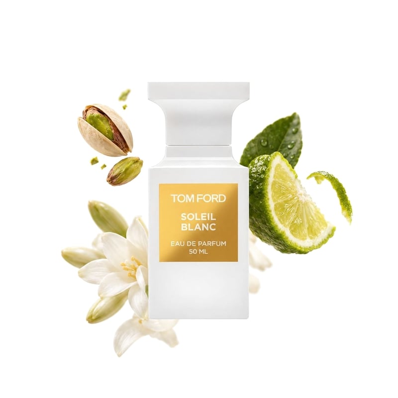 Soleil Blanc di Tom Ford, flacone con le sue note principali: Pistacchio, Bergamotto e Tuberosa