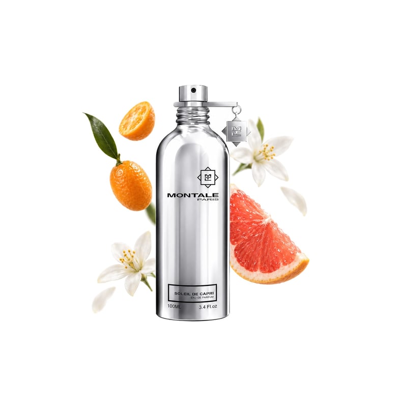 Soleil de Capri by Montale, bottle pictured with its key notes: Kumquat, Grapefruit and White Flowers