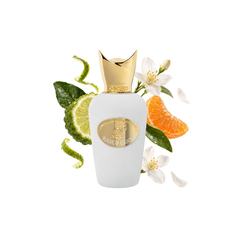 Bianco Canto by Sospiro, bottle pictured with its key notes: Bergamot, Mandarin Orange and Jasmine