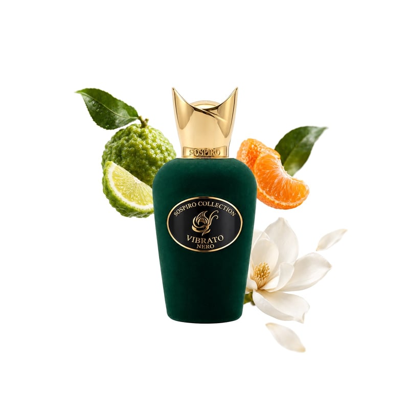 Vibrato Nero by Sospiro, bottle pictured with its key notes: Bergamot, Mandarin Orange and Magnolia