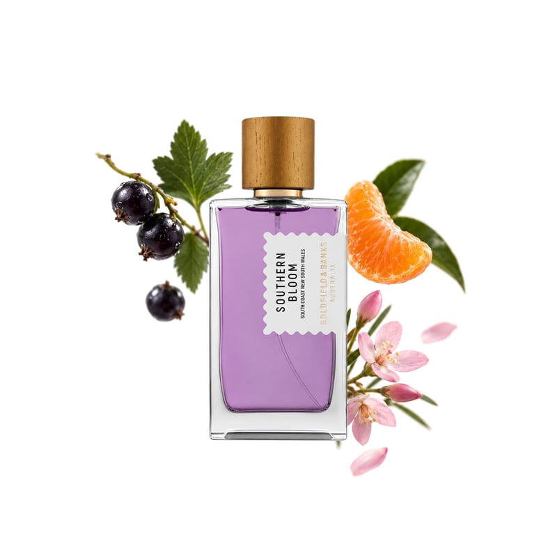 Southern Bloom by Goldfield & Banks, bottle pictured with its key notes: Cassis, Mandarin Orange and Boronia