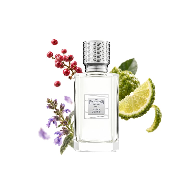 Speed Legends Living on the Edge by Ex Nihilo, bottle pictured with its key notes: Pink Pepper, Bergamot and Clary Sage