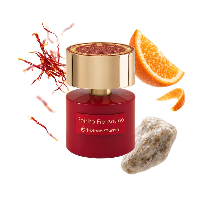 Spirito Fiorentino by Tiziana Terenzi, bottle pictured with its key notes: Saffron, Orange and Ambergris