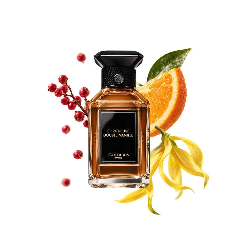 Spiritueuse Double Vanille by Guerlain, bottle pictured with its key notes: Pink Pepper, Bitter Orange and Ylang-ylang