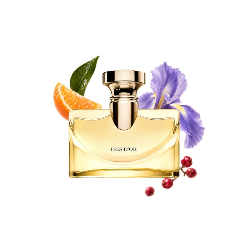 Splendida Iris d'Or by Bvlgari, bottle pictured with its key notes: Mandarin Orange, Pink Pepper and Iris
