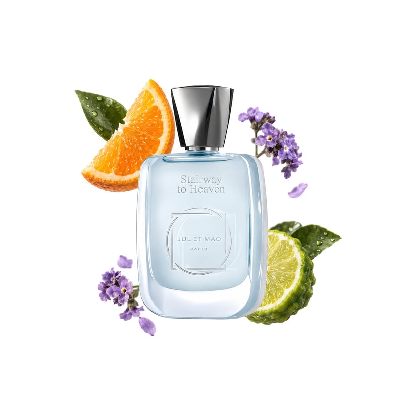 Stairway To Heaven by Jul et Mad Paris, bottle pictured with its key notes: Sweet Orange, Bergamot and Heliotrope