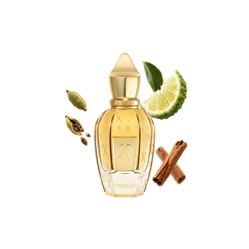 Starlight by Xerjoff, bottle pictured with its key notes: Cardamom, Bergamot and Cinnamon