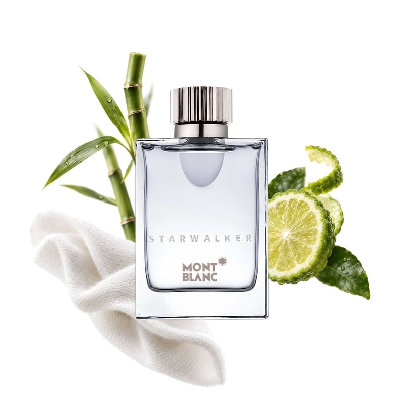 Starwalker by Montblanc, bottle pictured with its key notes: Bamboo, Bergamot and White Musk