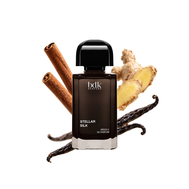 Stellar Silk by BDK Parfums, bottle pictured with its key notes: Cinnamon, Ginger and Bourbon Vanilla